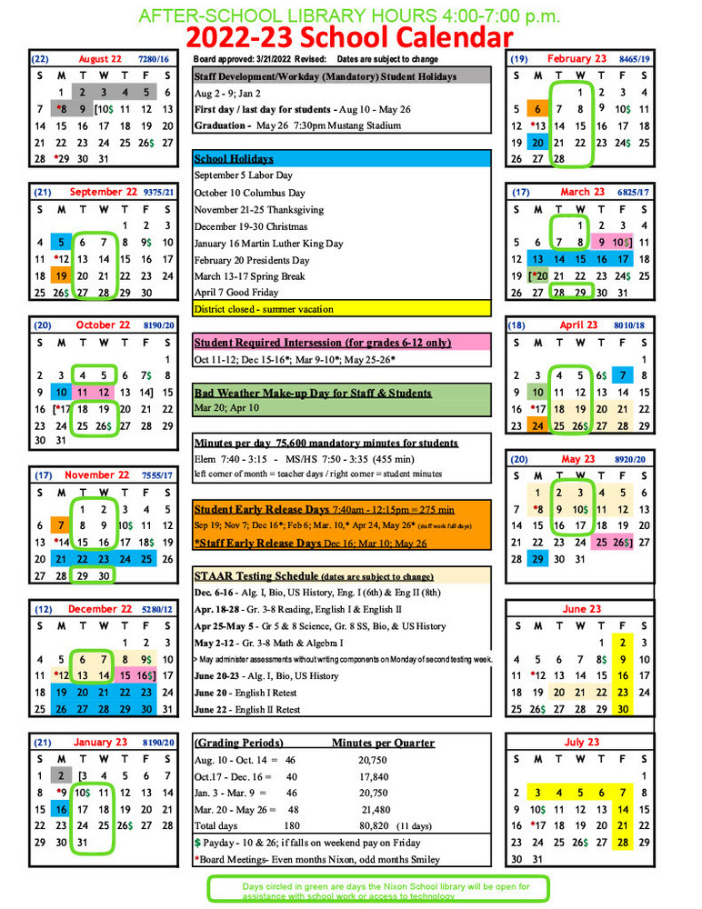 Days the Nixon Campus Library is open after school.