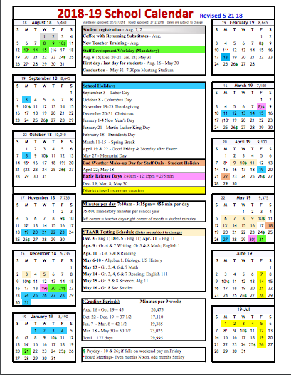 School Year Calendars for 2018-2019