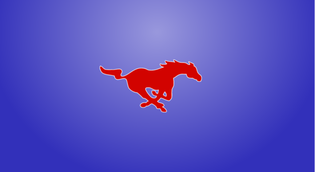 red mustang logo on blue background