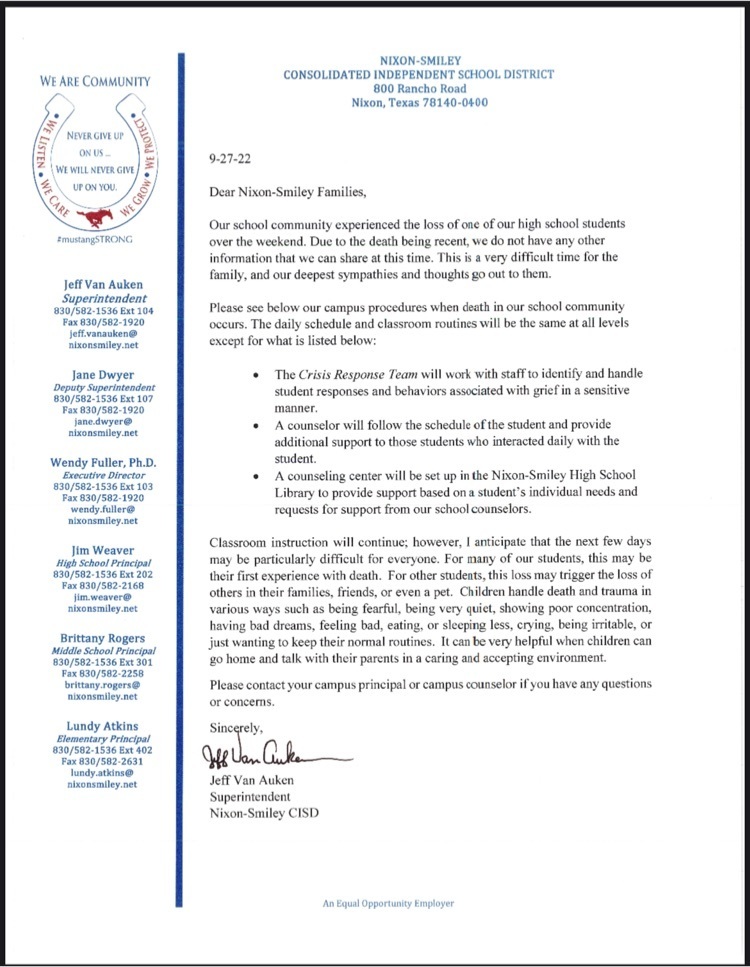 Letter about student passing